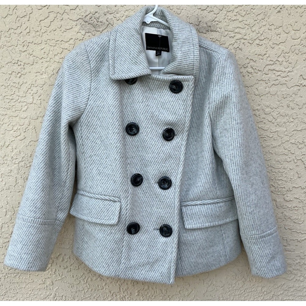 Banana Republic Women's Petite Medium Wool Blend Gray White Peacoat